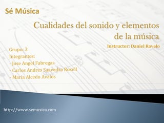 Grupo: 3
Integrantes:
- Jose Angel Fabregas
- Carlos Andres Saavedra Rosell
- Maria Alcedo Avalos

http://www.semusica.com

Instructor: Daniel Ravelo

 