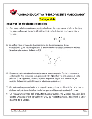 1
¨UNIDAD EDUCATIVA “PEDRO VICENTE MALDONADO”
Trabajo # 4a
Resolver los siguientes ejercicios
1.
2.
3.
4.
5.
Msg. Alberto Pazmiño O. Página 1
 