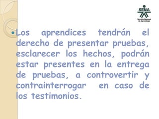 Los aprendices tendrán el derecho de presentar pruebas, esclarecer los hechos, podrán estar presentes en la entrega de pruebas, a controvertir y contrainterrogar  en caso de los testimonios.