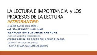 LA LECTURA E IMPORTANCIA y LOS
PROCESOS DE LA LECTURA
INTEGRANTES:
-HUAIRA BANDA LUIS ÀNGEL
-ARISTA GRANDEZ JHON JHAIR
-ALARCON ESTELA JHAIR ANTHONY
-FLORES VASQUEZ JOHAN EMERSON
-VARGAS GRIJALBA OSCAR GUILLERMO RICARDO
-GONZALES PEREZ JHEAN JHOBEL
- TAPIA CIEZA CARLOS ALBERTO
 