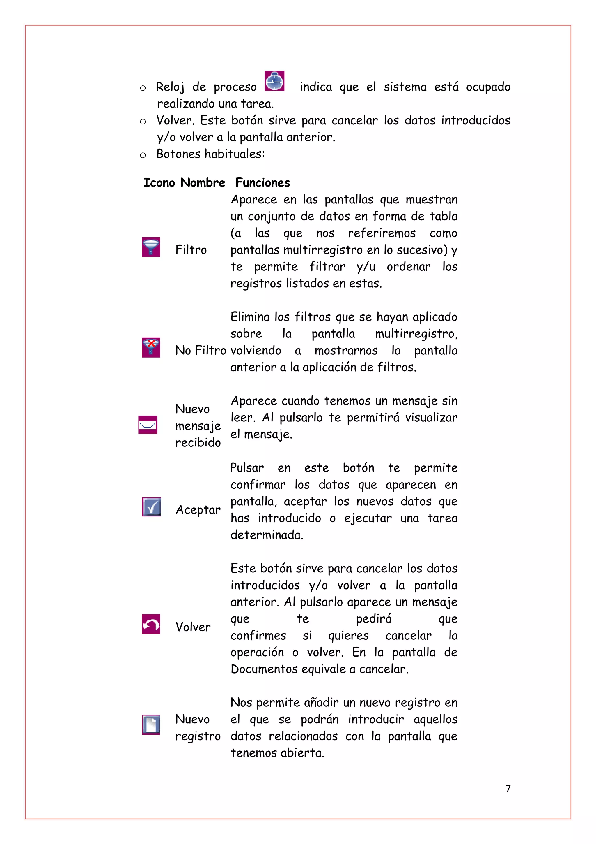 o Reloj de proceso           indica que el sistema está ocupado
  realizando una tarea.
o Volver. Este botón sirve para cancelar los datos introducidos
  y/o volver a la pantalla anterior.
o Botones habituales:

Icono Nombre Funciones
            Aparece en las pantallas que muestran
            un conjunto de datos en forma de tabla
            (a las que nos referiremos como
     Filtro pantallas multirregistro en lo sucesivo) y
            te permite filtrar y/u ordenar los
            registros listados en estas.

                Elimina los filtros que se hayan aplicado
                sobre     la    pantalla   multirregistro,
      No Filtro volviendo a mostrarnos la pantalla
                anterior a la aplicación de filtros.

               Aparece cuando tenemos un mensaje sin
      Nuevo
               leer. Al pulsarlo te permitirá visualizar
      mensaje
               el mensaje.
      recibido

              Pulsar en este botón te permite
              confirmar los datos que aparecen en
              pantalla, aceptar los nuevos datos que
      Aceptar
              has introducido o ejecutar una tarea
              determinada.

                Este botón sirve para cancelar los datos
                introducidos y/o volver a la pantalla
                anterior. Al pulsarlo aparece un mensaje
                que         te         pedirá        que
      Volver
                confirmes si quieres cancelar la
                operación o volver. En la pantalla de
                Documentos equivale a cancelar.

               Nos permite añadir un nuevo registro en
      Nuevo    el que se podrán introducir aquellos
      registro datos relacionados con la pantalla que
               tenemos abierta.

                                                              7
 