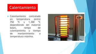  Calentamiento controlado
en temperatura (entre
750 ºC y 1.300 ºC
dependiendo del material
base), rampa de
calentamiento y tiempo
de mantenimiento a
temperatura máxima.
Calentamiento
 