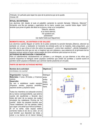 DIDÁCTICA DE LA EDUCACIÓN FÍSICA EN EDUCACIÓN INFANTIL. ESCUELA DE PAYASOS.
-Pañuelo: Un pañuelo para tapar los ojos de la persona que se la quede
-Conos: 20
RITUAL DE ENTRADA:
Los alumnos irán desde el aula al pabellón cantando la canción llamada “¡Silencio, Silencio!”
formando una fila por parejas y agarrados de la mano, puesto que, cuando todos digan “shhh”
tendrán que poner el gesto del dedo en la boca y mirar a su compañero:
“Silencio, silencio,
si yo fuera silencio,
me quedaría así,
shhhhhhhh”
(se repite hasta que lleguemos)
MOMENTO INICIAL, DE ENTRADA O DE SALUDO:
Los alumnos cuando lleguen al centro de la pista cantando la canción llamada ¡Silencio, silencio! se
sentarán en círculo y realizarán el momento de entrada junto con la maestra, ésta preguntará: ¿os
acordáis de lo que vimos el otro día sobre los payasos?; ¿cómo iban vestidos?, ¿dónde trabajaban?,
etc. La maestra les dirá que se van a imaginar que son payasos y que estamos en el gimnasio de los
payasos porque vamos a hacer varios juegos de cómo entrenan para actuar en el circo.
ACTIVIDAD DE MOTIVACIÓN Y ENGANCHE:
Para el calentamiento necesitaremos un pandero y un triángulo, ya que diremos a los niños que
cuando toquemos el triángulo serán payasos contentos que andan de puntillas y cuando suene el
pandero serán payasos enfadados que caminan dando pisotones en el suelo.
PARTE DE MAYOR ACTIVIDAD MOTRIZ:
Nombre de la actividad:
¡Acróbatas a la cuerda!
Objetivo/s Representación
Organización:​ 4 grupos.
Materiales: ​4 aros, 25 bolas, y 4 bancos
suecos.
Desarrollo:
Se van a establecer cuatro equipos
(Payasos verdes, payasos amarillos,
payasos azules y payasos rojos).
Todos los miembros se colocarán encima
de su banco correspondiente, que será la
cuerda del equilibrista y llevarán dos
bolas del color de su equipo, las cuales
simularán los malabares. Encima de “la
cuerda”, todos los payasos tendrán que
“hacer malabares” con las pelotas, hasta
que oigan una señal que hará el profesor.
Al oír la señal, cada equipo saldrá
corriendo hasta el aro de su color, en el
cual tendrán que depositar las bolas y
volver a su banco en el menor tiempo
Distinguir
entre
arriba y
abajo,
dentro y
fuera.
11
 