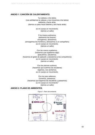 DIDÁCTICA DE LA EDUCACIÓN FÍSICA EN EDUCACIÓN INFANTIL. ESCUELA DE PAYASOS.
ANEXO 1: CANCIÓN DE CALENTAMIENTO.
“La cabeza, a los lados,
(nos señalamos la cabeza y nos movemos a los lados)
adelante y hacia atrás,
(damos un paso hacia delante y otro hacia atrás)
es mi cuerpo en movimiento.
(damos un salto)
Y los brazos estiramos,
(estiramos los brazos)
encogemos, abrazamos,
(encogemos los hombros y abrazamos a un compañero)
es mi cuerpo en movimiento.
(damos un salto)
Con las manos sujetamos,
(hacemos que sujetamos algo)
aplaudimos, saludamos,
(hacemos el gesto de aplaudir y saludamos a los compañeros)
es mi cuerpo en movimiento.
(damos un salto)
Con las piernas subimos,
(hacemos que subimos las escaleras)
bajamos, nos sentamos,
es mi cuerpo en movimiento.
Con los pies saltamos,
corremos, paseamos,
(hacemos que bajamos las escaleras y paseamos)
es mi cuerpo en movimiento”
(damos un salto)
ANEXO 2: PLANO DE AMBIENTES.
Figura 1. Plano del ambiente.
43
 