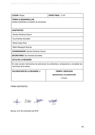 DIDÁCTICA DE LA EDUCACIÓN FÍSICA EN EDUCACIÓN INFANTIL. ESCUELA DE PAYASOS.
LUGAR:​ Skype HORA FINAL:​ 11:40
TEMAS A DESARROLLAR:
Acabar ambientes y la sesión de canciones.
ASISTENTES:
Sandra Giménez García
Eva Huertas González
Nerea López Ruiz
Belén Meseguer Briones
COORDINADOR:​ Sandra Giménez García
SECRETARIO:​ Eva Huertas González
ACTA DE LA REUNIÓN:
En esta reunión terminamos de estructurar los ambientes y empezamos a completar las
canciones de la sesión.
VALORACIÓN DE LA REUNIÓN:​ 9 TIEMPO DEDICADO
(presencial y no presencial)
4 horas.
FIRMA ASISTENTES
Murcia, a 27 de noviembre de 2018
50
 
