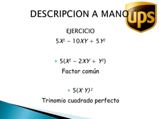 EJERCICIO 5 X 2 - 10 XY + 5 Y 2 5( X 2 - 2 XY + Y 2 ) Factor común 5( X - Y) 2 Trinomio cuadrado perfecto