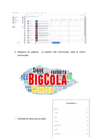 3. Diagrama de palabras: La palabra más mencionada, hasta la menos
mencionada.
- Cantidad de veces que se repite:
 