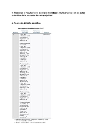 1. Presentar el resultado del ejercicio de métodos multivariados con los datos
obtenidos de la encuesta de su trabajo final
a. Regresión Lineal o Logística
 