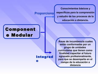 Conocimientos básicos y específicos para la comprensión y estudio de los procesos de la educación a distancia . Áreas de incumbencia cuales están conformadas por un grupo de unidades  curriculares que tienen como finalidad capacitar al futuro egresado profesionalmente, para que se desempeñe en el campo de la educación a distancia Componente Modular  Proporciona Integrado 
