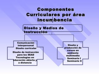Componentes Curriculares por área incumbencia  Diseño y Medios de Instrucción Comunicación interpersonal Diseño curricular Diseño de instrucción para los SEAD Diseño y producción de cursos en ambiente multimedia Seminario I Seminario II Tecnologías en educación abierta y a distancia 