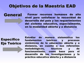 Objetivos de la Maestria EAD General Formar recursos humanos de alto nivel para satisfacer la necesidad de desarrollo del país y los requerimientos del sistema educativo, especialmente, en la modalidad abierta y a distancia Especifico  Eje Teórico Estudiar de manera sistemática los fundamentos teóricos y procesos sistémicos de la educación abierta y a distancia, en cuanto a sus referentes metodológicos, técnicos y de funcionamiento, como base para el desarrollo de las investigaciones y la práctica educativa abierta y a distancia 