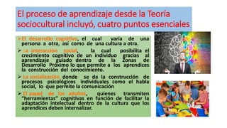 El proceso de aprendizaje desde la Teoría
sociocultural incluyó, cuatro puntos esenciales
El desarrollo cognitivo, el cual varía de una
persona a otra, así como de una cultura a otra.
 La interacción social, la cual posibilita el
crecimiento cognitivo de un individuo gracias al
aprendizaje guiado dentro de la Zonas de
Desarrollo Próximo lo que permite a los aprendices
la construcción del conocimiento.
 La socialización, donde se da la construcción de
procesos psicológicos individuales como el habla
social, lo que permite la comunicación
 El papel de los adultos, quienes transmiten
“herramientas” cognitivas en función de facilitar la
adaptación intelectual dentro de la cultura que los
aprendices deben internalizar.
 