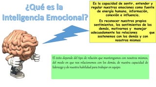 Es la capacidad de sentir, entender y
regular nuestras emociones como fuente
de energía humana, información,
conexión e influencia.
Es reconocer nuestros propios
sentimientos, los sentimientos de los
demás, motivarnos y manejar
adecuadamente las relaciones que
sostenemos con los demás y con
nosotros mismos.
El éxito depende del tipo de relación que mantengamos con nosotros mismos,
del modo en que nos relacionemos con los demás, de nuestra capacidad de
liderazgo y de nuestra habilidad para trabajar en equipo.
 