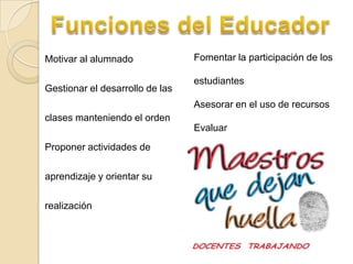 Son representantes de cambio dentro del aula y fuera de ella y eso permite que los demás aprendan.Perfil del EducadorDeben comprender, utilizar y criticar los medios tecnológicos comunicativos para Educar en las TICs. 