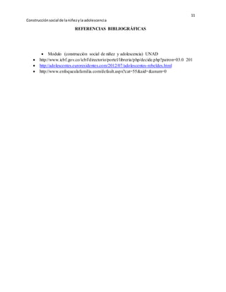 11 
Construcción social de la niñez y la adolescenci a 
REFERENCIAS BIBLIOGRÁFICAS 
 Modulo (construcción social de niñez y adolescencia) UNAD 
 http://www.icbf.gov.co/icbf/directorio/portel/libreria/php/decide.php?patron=03.0 201 
 http://adolescentes.euroresidentes.com/2012/07/adolescentes-rebeldes.html 
 http://www.enfoquealafamilia.com/default.aspx?cat=55&aid=&anum=0 
