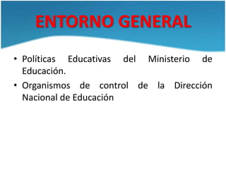 ENTORNO GENERAL
• Políticas Educativas del Ministerio de
Educación.
• Organismos de control de la Dirección
Nacional de Ed...