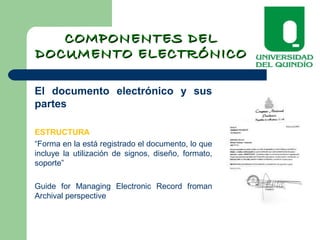 COMPONENTES DELCOMPONENTES DEL
DOCUMENTO ELECTRÓNICODOCUMENTO ELECTRÓNICO
El documento electrónico y sus
partes
ESTRUCTURA
“Forma en la está registrado el documento, lo que
incluye la utilización de signos, diseño, formato,
soporte”
Guide for Managing Electronic Record froman
Archival perspective
 