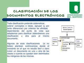 CLASIFICACIÓN DE LOSCLASIFICACIÓN DE LOS
DOCUMENTOS ELECTRÓNICOSDOCUMENTOS ELECTRÓNICOS
Toda clasificación pretende sistematizar,
aclarar conceptos e ideas, agrupar (y por
tanto diferenciar) por criterios de afinidad,
dependiendo del punto de vista que
adoptemos para clasificar obtendremos una
clasificación u otra para el mismo
documento.
Algunas de esas clasificaciones (si no
todas) plantean controversias desde el
momento en el que no resulta fácil o claro
incluir un documento en una u otra de las
clases o cuando no quedan bien delimitados
los márgenes de las mismas.
 