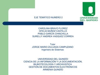 EJE TEMÁTICO NUMERO 2
CAROLINA BRAVO FLOREZ
OFELIA MUÑOZ CASTILLO
PABLO GARCÍA CHINCHILLA
SURELLY ANDREA VASQUEZ CORREA
Tutor
JORGE MARIO ZULUAGA CAMPUZANO
Ingeniero de Sistemas
UNIVERSIDAD DEL QUINDÍO
CIENCIA DE LA INFORMACIÓN Y LA DOCUMENTACIÓN,
BILBIOTECOLOGÍA Y ARCHIVISTICA
GESTIÓN DE DOCUMENTOS ELECTRÓNICOS
ARMENIA QUINDÍO
 