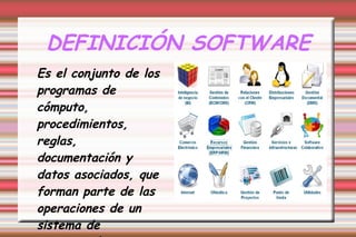 DEFINICIÓN SOFTWARE
Es el conjunto de los
programas de
cómputo,
procedimientos,
reglas,
documentación y
datos asociados, que
forman parte de las
operaciones de un
sistema de
 