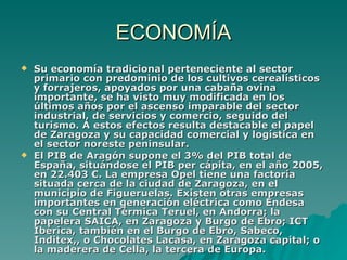 ECONOMÍA Su economía tradicional perteneciente al sector primario con predominio de los cultivos cerealísticos y forrajeros, apoyados por una cabaña ovina importante, se ha visto muy modificada en los últimos años por el ascenso imparable del sector industrial, de servicios y comercio, seguido del turismo. A estos efectos resulta destacable el papel de Zaragoza y su capacidad comercial y logística en el sector noreste peninsular. El PIB de Aragón supone el 3% del PIB total de España, situándose el PIB per cápita, en el año 2005, en 22.403 €. La empresa Opel tiene una factoría situada cerca de la ciudad de Zaragoza, en el municipio de Figueruelas. Existen otras empresas importantes en generación eléctrica como Endesa con su Central Térmica Teruel, en Andorra; la papelera SAICA, en Zaragoza y Burgo de Ebro; ICT Ibérica, también en el Burgo de Ebro, Sabeco, Inditex,, o Chocolates Lacasa, en Zaragoza capital; o la maderera de Cella, la tercera de Europa. 