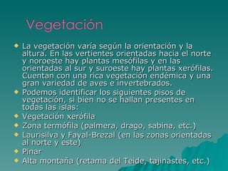 La vegetación varía según la orientación y la altura. En las vertientes orientadas hacia el norte y noroeste hay plantas mesófilas y en las orientadas al sur y suroeste hay plantas xerófilas. Cuentan con una rica vegetación endémica y una gran variedad de aves e invertebrados. Podemos identificar los siguientes pisos de vegetación, si bien no se hallan presentes en todas las islas: Vegetación xerófila  Zona termófila (palmera, drago, sabina, etc.)  Laurisilva y Fayal-Brezal (en las zonas orientadas al norte y este)  Pinar  Alta montaña (retama del Teide, tajinastes, etc.)  