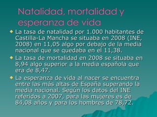 La tasa de natalidad por 1.000 habitantes de Castilla-La Mancha se situaba en 2008 (INE, 2008) en 11,05 algo por debajo de la media nacional que se quedaba en el 11,38. La tasa de mortalidad en 2008 se situaba en 8,94 algo superior a la media española que era de 8,47. La esperanza de vida al nacer se encuentra entre las más altas de España superando la media nacional. Según los datos del INE referidos a 2007, para las mujeres es de 84,08 años y para los hombres de 78,72. 