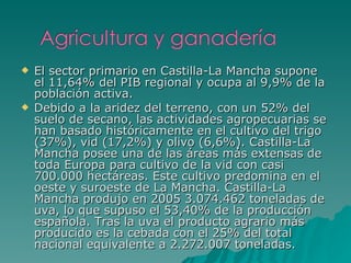 El sector primario en Castilla-La Mancha supone el 11,64% del PIB regional y ocupa al 9,9% de la población activa.  Debido a la aridez del terreno, con un 52% del suelo de secano, las actividades agropecuarias se han basado históricamente en el cultivo del trigo (37%), vid (17,2%) y olivo (6,6%). Castilla-La Mancha posee una de las áreas más extensas de toda Europa para cultivo de la vid con casi 700.000 hectáreas. Este cultivo predomina en el oeste y suroeste de La Mancha. Castilla-La Mancha produjo en 2005 3.074.462 toneladas de uva, lo que supuso el 53,40% de la producción española. Tras la uva el producto agrario más producido es la cebada con el 25% del total nacional equivalente a 2.272.007 toneladas. 