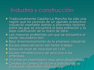 Tradicionalmente Castilla-La Mancha ha sido una región que ha carecido de un aparato productivo industrial reseñable debido a diferentes factores entre las que se encuentra la baja población y la baja cualificación de la mano de obra. Los mayores problemas con que se encuentra el sector secundario son: Bajo dimensionamiento de la empresa industrial.  Escasa especialización del factor trabajo.  Reducido nivel de inversión en I+D.  Escasa infraestructura de servicios a las empresas.  Orientación exportadora muy poco desarrollada.  Canales de comercialización y distribución de productos regionales insuficientes.  
