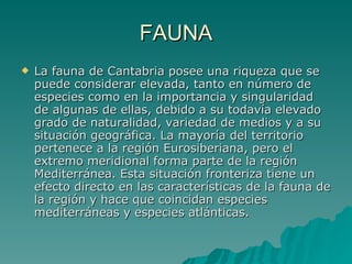 FAUNA La fauna de Cantabria posee una riqueza que se puede considerar elevada, tanto en número de especies como en la importancia y singularidad de algunas de ellas, debido a su todavía elevado grado de naturalidad, variedad de medios y a su situación geográfica. La mayoría del territorio pertenece a la región Eurosiberiana, pero el extremo meridional forma parte de la región Mediterránea. Esta situación fronteriza tiene un efecto directo en las características de la fauna de la región y hace que coincidan especies mediterráneas y especies atlánticas. 
