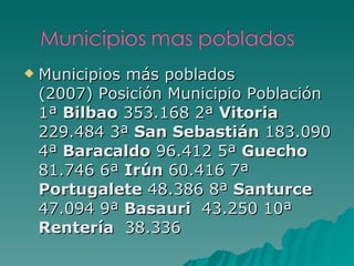 Municipios más poblados (2007) Posición Municipio Población 1ª  Bilbao  353.168 2ª  Vitoria  229.484 3ª  San Sebastián  183.090 4ª  Baracaldo  96.412 5ª  Guecho   81.746 6ª  Irún  60.416 7ª  Portugalete  48.386 8ª  Santurce  47.094 9ª  Basauri  43.250 10ª  Rentería   38.336 