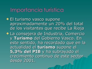 El turismo vasco supone aproximadamente un 20% del total de los visitantes que recibe La Rioja La consejera de Industria, Comercio y  Turismo  del Gobierno Vasco. En este sentido, ha recordado que en la actualidad el  turismo  supone el  5,3% del PIB  y ha subrayado el crecimiento continuo de este sector desde 2001. 