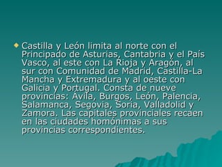 Castilla y León limita al norte con el Principado de Asturias, Cantabria y el País Vasco, al este con La Rioja y Aragón, al sur con Comunidad de Madrid, Castilla-La Mancha y Extremadura y al oeste con Galicia y Portugal. Consta de nueve provincias: Ávila, Burgos, León, Palencia, Salamanca, Segovia, Soria, Valladolid y Zamora. Las capitales provinciales recaen en las ciudades homónimas a sus provincias correspondientes. 