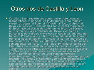 Otros rios de Castilla y Leon Castilla y León reparte sus aguas entre siete cuencas hidrográficas, la principal es la del Duero, pero también vierte sus aguas al Ebro, al Miño-Sil, al Tajo, al Sella, al Deva y al Nervión. Estas últimas son cuencas marginales. El Sella nace en tierras de León, en los Picos de Europa, muy cerca del Cares, afluente del Deva, y en tierras burgalesas del valle de Mena nace el Cadagua, afluente del Nervión. Por otro lado en tierras salmantinas de la sierra de Herreros nace el Alagón, y en Ávila, al sur del murallón de Gredos nacen el Tiétar y el Alberche. Estos tres últimos ríos son afluentes del Tajo.     El Sil es el principal afluente del Miño. Nace en la vertiente leonesa de Somiedo, a más de 1.500 metros de altitud, atraviesa las comarcas de Laciana y El Bierzo, y entra en Galicia en las inmediaciones de Puente Domingo Flórez. En León tiene numerosos afluentes, pero muy cortos. Los más importantes son por la derecha: el Boeza y el Cabrera; y por la izquierda: el Cúa, el Burbia y el Selmo. Estos son ríos de vocación atlántica, con un caudal muy estable a lo largo del año, que a pesar del mínimo estival no puede considerarse que tengan estiaje.   
