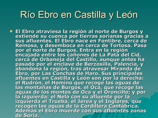 Río Ebro en Castilla y León El Ebro atraviesa la región al norte de Burgos y extiende su cuenca por tierras sorianas gracias a sus afluentes. El Ebro nace en Fontibre, cerca de Reinosa, y desemboca en cerca de Tortosa. Pasa por el norte de Burgos. Entra en la región encajada entre los cañones de La Pata del Cid, cerca de Orbaneja del Castillo, aunque antes ha pasado por el enclave de Berzosilla, Palencia, y abandona la región, tras atravesar Miranda de Ebro, por Las Conchas de Haro. Sus principales afluentes en Castilla y León son por la derecha: el Rudrón, el Homino que recoge las aguas de las montañas de Burgos, el Oca, que recoge las aguas de los montes de Oca y el Oroncillo; y por la izquierda: el Nela con su afluente por la izquierda el Trueba, el Jerea y el Inglares, que recogen las aguas de la Cordillera Cantábrica. Además el Ebro muerde con sus afluentes zonas de Soria.  