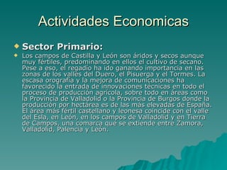 Actividades Economicas Sector Primario:   Los campos de Castilla y León son áridos y secos aunque muy fértiles, predominando en ellos el cultivo de secano. Pese a eso, el regadío ha ido ganando importancia en las zonas de los valles del Duero, el Pisuerga y el Tormes. La escasa orografía y la mejora de comunicaciones ha favorecido la entrada de innovaciones técnicas en todo el proceso de producción agrícola, sobre todo en áreas como la Provincia de Valladolid o la Provincia de Burgos donde la producción por hectárea es de las más elevadas de España. El área más fértil castellano y leonesa coincide con el valle del Esla, en León, en los campos de Valladolid y en Tierra de Campos, una comarca que se extiende entre Zamora, Valladolid, Palencia y León.  