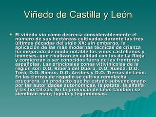 Viñedo de Castilla y León El viñedo vio cómo decrecía considerablemente el número de sus hectáreas cultivadas durante las tres últimas décadas del siglo XX; sin embargo, la aplicación de las más modernas técnicas de crianza ha mejorado de modo notable los vinos castellanos y leoneses, que rivalizan en calidad con los de La Rioja y comienzan a ser conocidos fuera de las fronteras españolas. Las principales zonas vitivinícolas de la región son D.O. Ribera del Duero, D.O. Rueda, D.O. Toro, D.O. Bierzo, D.O. Arribes y D.O. Tierras de León. En las tierras de regadío se cultiva remolacha azucarera, un producto que ha estado subvencionado por las autoridades autonómicas, la patata, la alfalfa y las hortalizas. En la provincia de León también se siembran maíz, lúpulo y leguminosas. 
