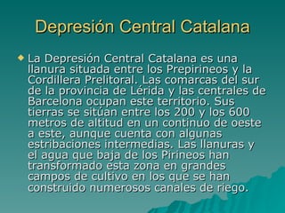 Depresión Central Catalana La Depresión Central Catalana es una llanura situada entre los Prepirineos y la Cordillera Prelitoral. Las comarcas del sur de la provincia de Lérida y las centrales de Barcelona ocupan este territorio. Sus tierras se sitúan entre los 200 y los 600 metros de altitud en un continuo de oeste a este, aunque cuenta con algunas estribaciones intermedias. Las llanuras y el agua que baja de los Pirineos han transformado esta zona en grandes campos de cultivo en los que se han construido numerosos canales de riego.   