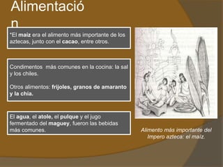 Alimentació
n
*El maíz era el alimento más importante de los
aztecas, junto con el cacao, entre otros.
Condimentos más comunes en la cocina: la sal
y los chiles.
Otros alimentos: frijoles, granos de amaranto
y la chía.
El agua, el atole, el pulque y el jugo
fermentado del maguey, fueron las bebidas
más comunes. Alimento más importante del
Impero azteca: el maíz.
 