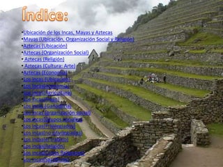 •Ubicación de los Incas, Mayas y Aztecas
•Mayas (Ubicación, Organización Social y Religión)
•Aztecas (Ubicación)
•Aztecas (Organización Social)
• Aztecas (Religión)
• Aztecas (Cultura: Arte)
•Aztecas (Economía)
•Los incas (Ubicación)
•Los Incas(economía)
•Los incas(Agricultura)
•Los incas(Riego)
•Los incas (Ganadería)
•Los incas (organización social)
•Los incas(Grupos sociales)
•Los Incas(Privilegiados)
•Los incas(no privilegiados)
•Los incas(el trabajo)
•Los incas(Religión)
•Los incas(Cultos Religiosos)
•Los incas(Sacrificios)
 
