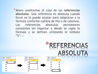 *Ahora analicemos el caso de las referencias 
absolutas. Una referencia es absoluta cuando 
Excel no la puede ajustar para adaptarse a la 
fórmula conforme cambia de fila o de columna. 
Las referencias absolutas permanecen 
constantes sin importar a dónde se copie la 
fórmula y se definen utilizando el símbolo 
“$”. : 
* 
 
