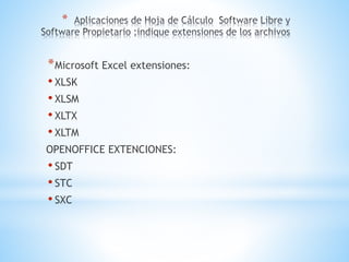 * 
*Microsoft Excel extensiones: 
• XLSK 
• XLSM 
• XLTX 
• XLTM 
OPENOFFICE EXTENCIONES: 
• SDT 
• STC 
• SXC 
 