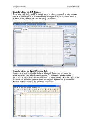 “Hoja de calculo”                                                Brenda Marisol

Características de IBM Congos
Es un completo entorno FPM que da soporte a los procesos financieros clave,
desde la planificación, la preparación de presupuestos y la previsión hasta la
consolidación, la creación de informes y los análisis.




Características de OpenOffice.org Calc
Calc es una hoja de cálculo similar a Microsoft Excel, con un rango de
características más o menos equivalente. Su tamaño es mucho menor y
proporciona un número de características no presentes en Excel, incluyendo un
sistema que automáticamente define series para representar gráficamente
basado en la disposición de los datos del usuario.
 