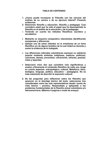 TABLA DE CONTENIDO


1. ¿Como puede incorporar la Filosofía con las ciencias del
   análisis de su carrera o de su ejercicio laboral? Presente
   evidencias
2. Relaciones filosofía y educación, filosofía y pedagogía. Cual
   considera usted que ha sido el papel que ha desempeñado la
   filosofía en el ámbito de la educación y de la pedagogía.
3. Teniendo en cuenta los métodos filosóficos socrático y
   escolástico:

•   Mediante un esquema comparativo relaciónelos identificando
    semejanzas y diferencias
•   Aplique uno de estos métodos en la enseñanza de un tema
    filosófico y/o de alguna temática de la cual Usted es docente y
    anexe la evidencia de lo trabajado.

4. Las diferencias culturales colombianas expresan su sabiduría
   popular mediante símbolos (religiosos, poéticos, políticos),
   canciones, danzas, proverbios, narraciones, refranes, poesías,
   mitos y leyendas:

•   Seleccione mino dos que considere mas significativas y
    analice críticamente el contenido filosófico de cada una, tenga
    en cuenta aspectos: antropológico, cultural, Metafísica, ético,
    teológico, lenguaje, político, educativo – pedagógico. No se
    trata solamente de describir la expresión cultural.

5. De las preguntas para reflexionar sobre los filósofos que
   aparecen en el abordaje teórico del texto, selecciones tres
   consideradas como los más representativos desde l punto de
   vista teórico – practico. Respóndalas y aplíquelas a los
   problemas fundamentales de la filosofía actual colombiana y/o
   latinoamericana. (Máximo 4 paginas a modo de ensayo)
 