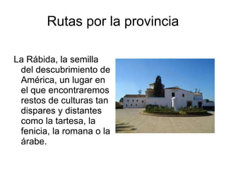 Museo provincial Museo Provincial  : expone en su departamento arqueológico muestras de la cultura tartesa. Cuenta con obras del pintor Vázquez Díaz en la sección de Bellas Artes. 