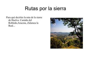 Parque Nacional Sierra de Aracena y Picos de Aroche Su superficie se extiende por 28 municipios y es uno de los más extensos de Andalucía. Su especial disposición crea una barrera a las masas de aire que penetran desde el Atlántico, lo que conlleva una gran abundancia de lluvia. De ahí la existencia de numerosos cauces fluviales, entre los que destacan el río Múrtigas, la rivera de Huelva y el río Odiel. El clima es idóneo para el desarrollos de especies vegetales como el castaño, del que se pueden contemplar ejemplares Centenarios. 