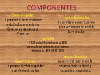 Ladrillo NXT 
El NXT, un ladrillo inteligente de LEGO 
controlado por ordenador, es el cerebro 
del robot de LEGO MINDSTORMS 
Sensores táctiles 
Le permiten al robot responder 
a obstáculos en el entorno. 
Conexión de los sensores 
Education 
Sensor acústico 
Le permite al robot responder 
a los niveles de sonido 
Sensor fotosensible Le permite al robot responder a las variaciones del nivel de luz y de color. 
Sensor ultrasónico Le permite al robot medir la distancia hacia un objeto y responder al movimiento.  