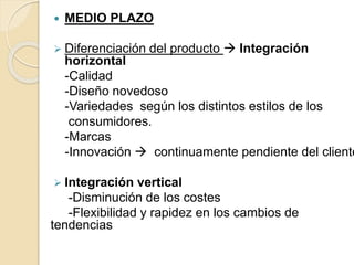  MEDIO PLAZO
 Diferenciación del producto  Integración
horizontal
-Calidad
-Diseño novedoso
-Variedades según los distintos estilos de los
consumidores.
-Marcas
-Innovación  continuamente pendiente del cliente
 Integración vertical
-Disminución de los costes
-Flexibilidad y rapidez en los cambios de
tendencias
 