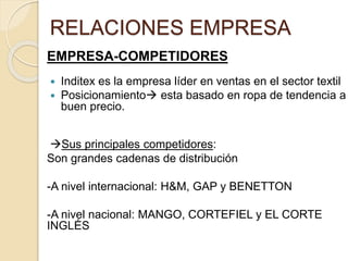 RELACIONES EMPRESA
EMPRESA-COMPETIDORES
 Inditex es la empresa líder en ventas en el sector textil
 Posicionamiento esta basado en ropa de tendencia a
buen precio.
Sus principales competidores:
Son grandes cadenas de distribución
-A nivel internacional: H&M, GAP y BENETTON
-A nivel nacional: MANGO, CORTEFIEL y EL CORTE
INGLÉS
 