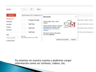 Ya estamos en nuestra cuenta y podemos cargar
información como ser archivos, videos, etc.
 